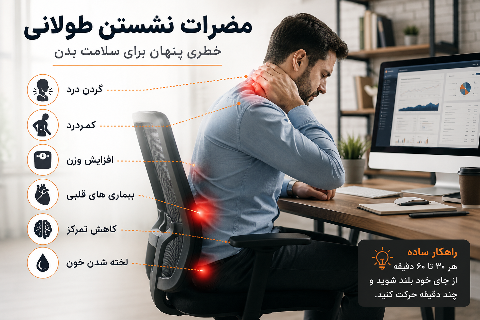 مضرات نشستن طولانی | ۱۰ آسیبی که بی‌صدا سلامت بدن را تهدید می‌کند